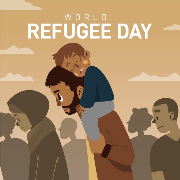 Vector gratuito dibujado a mano el día mundial de los refugiados con padre e hijo