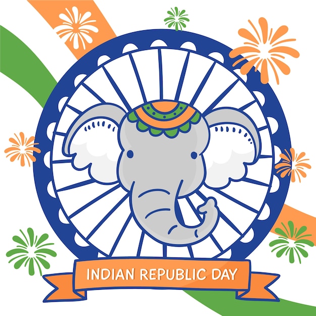 Vector gratuito dibujado a mano día de la república india con elefante