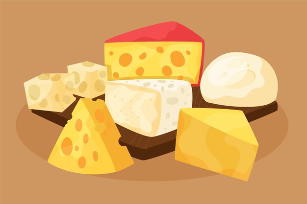 Dibujado a mano diferentes tipos de queso.