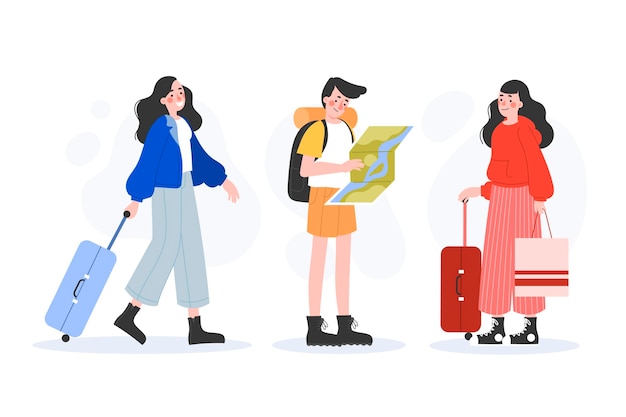 Dibujado a mano diferentes turistas con su equipaje.