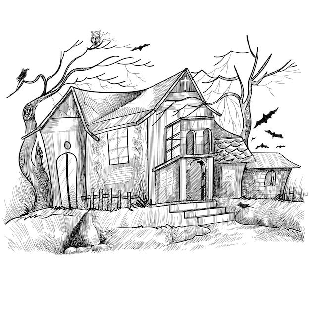 Dibujado a mano diseño de boceto de casa embrujada de halloween