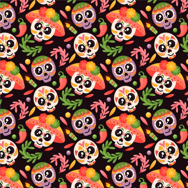 Vector gratuito dibujado a mano diseño plano dia de muertos patrón