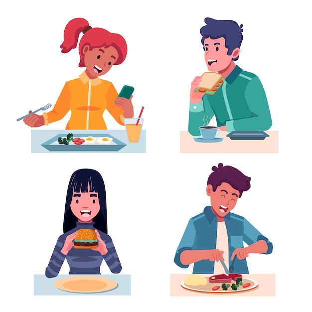 Dibujado a mano diseño plano gente comiendo colección