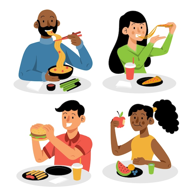 Dibujado a mano diseño plano gente comiendo colección
