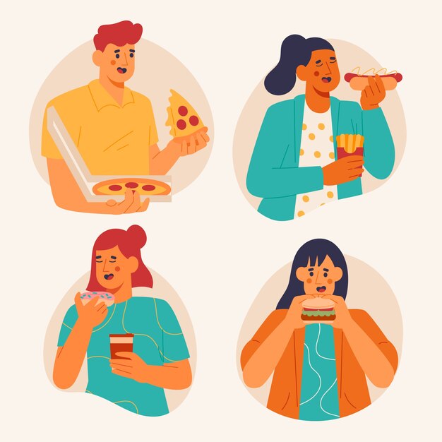 Dibujado a mano diseño plano gente comiendo colección