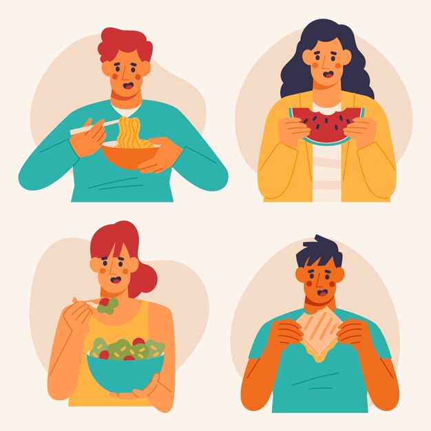 Dibujado a mano diseño plano gente comiendo colección