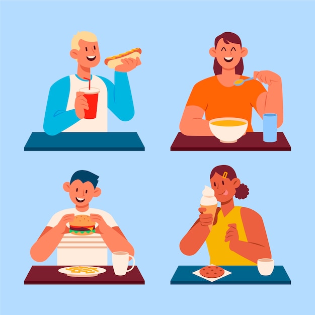 Dibujado a mano diseño plano gente comiendo colección