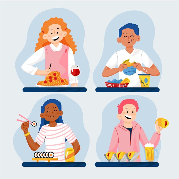 Dibujado a mano diseño plano gente comiendo colección
