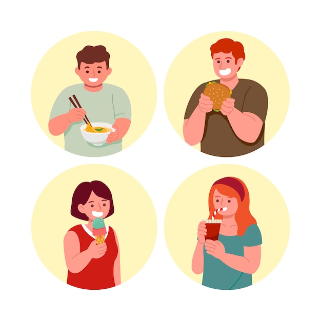 Dibujado a mano diseño plano gente comiendo colección