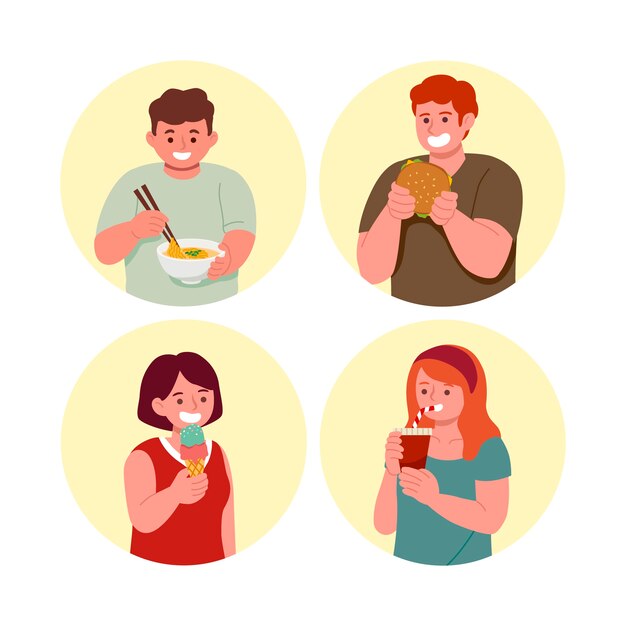 Dibujado a mano diseño plano gente comiendo colección
