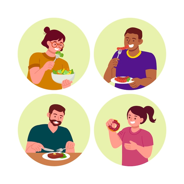 Dibujado a mano diseño plano gente comiendo colección