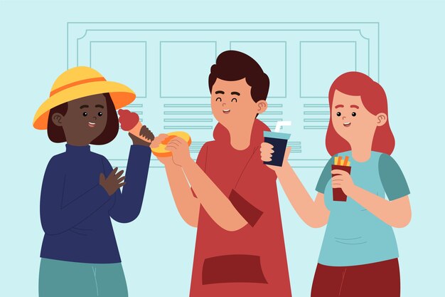 Dibujado a mano diseño plano gente comiendo colección