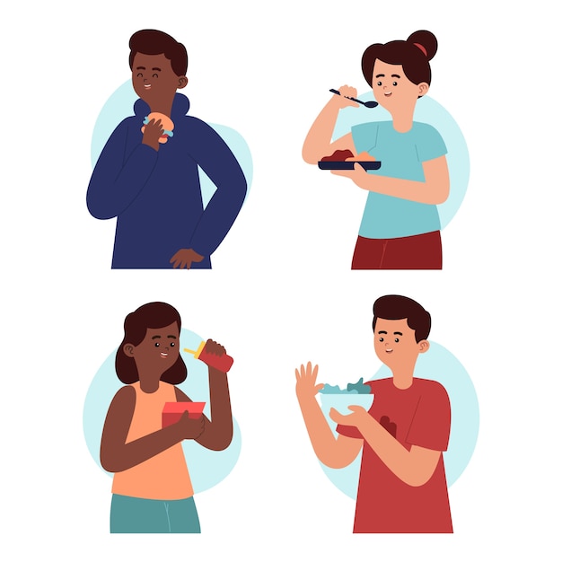 Dibujado a mano diseño plano gente comiendo colección