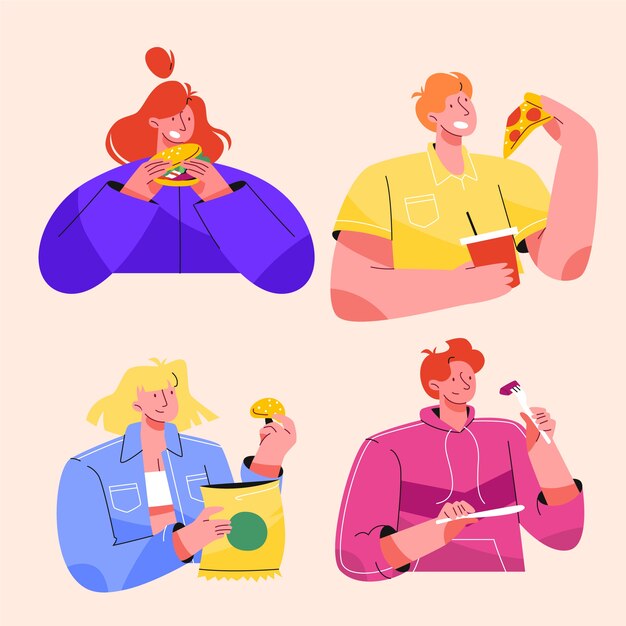Dibujado a mano diseño plano gente comiendo colección