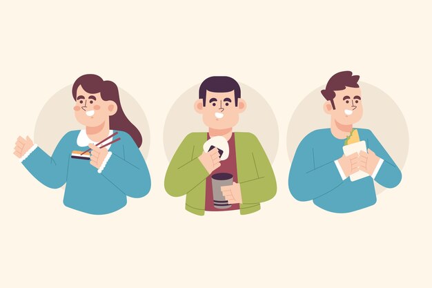 Dibujado a mano diseño plano gente comiendo colección