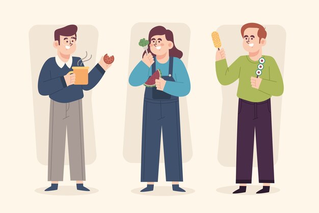 Dibujado a mano diseño plano gente comiendo colección
