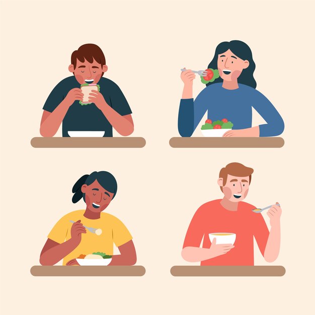 Dibujado a mano diseño plano gente comiendo colección