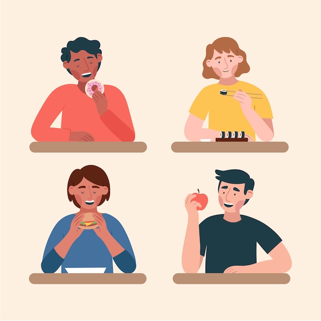 Dibujado a mano diseño plano gente comiendo colección