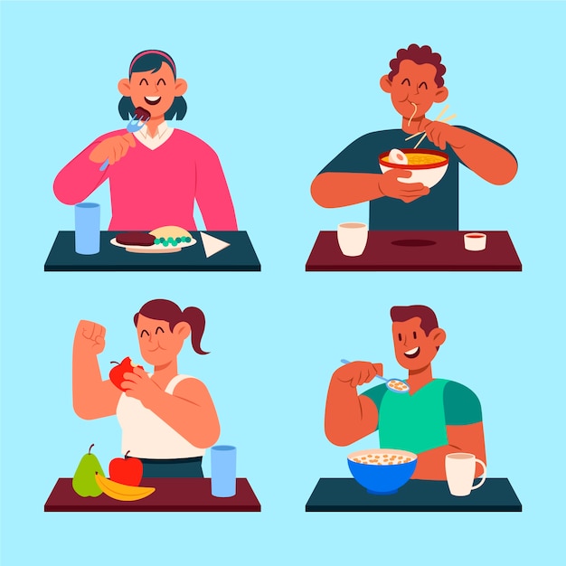 Dibujado a mano diseño plano gente comiendo colección