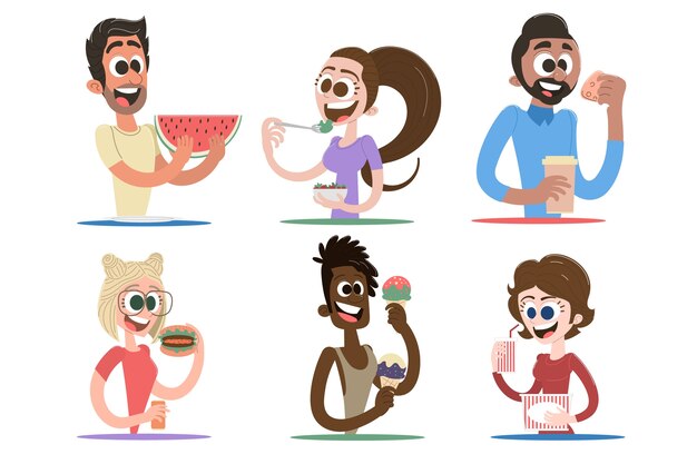Dibujado a mano diseño plano gente comiendo colección