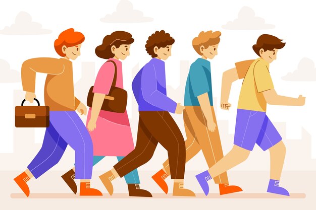 Dibujado a mano diseño plano multitud de personas caminando ilustración