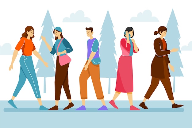 Vector gratuito dibujado a mano diseño plano multitud de personas caminando ilustración