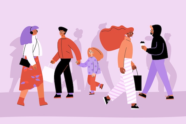 Dibujado a mano diseño plano multitud de personas caminando ilustración