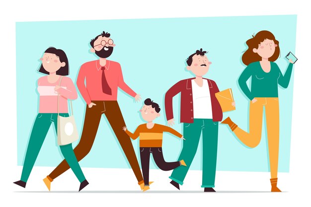 Dibujado a mano diseño plano multitud de personas caminando ilustración