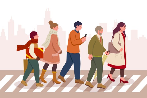 Dibujado a mano diseño plano multitud de personas caminando ilustración