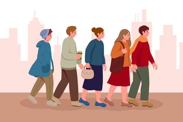 Dibujado a mano diseño plano multitud de personas caminando ilustración