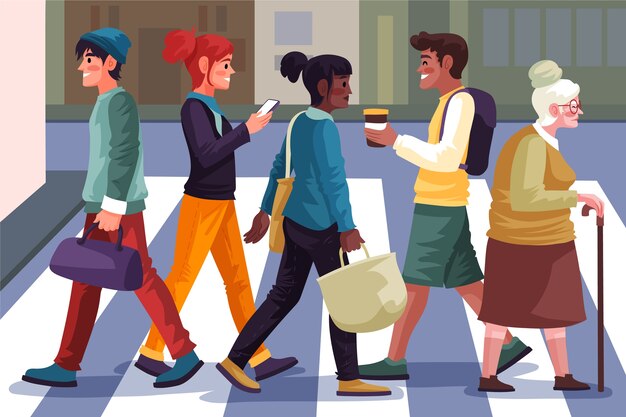Dibujado a mano diseño plano multitud de personas caminando ilustración