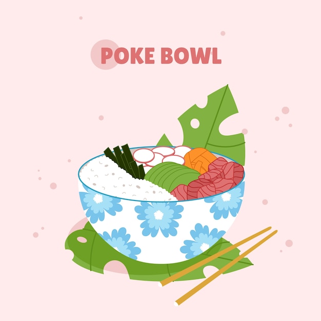 Vector gratuito dibujado a mano diseño plano poke bowl comida ilustración