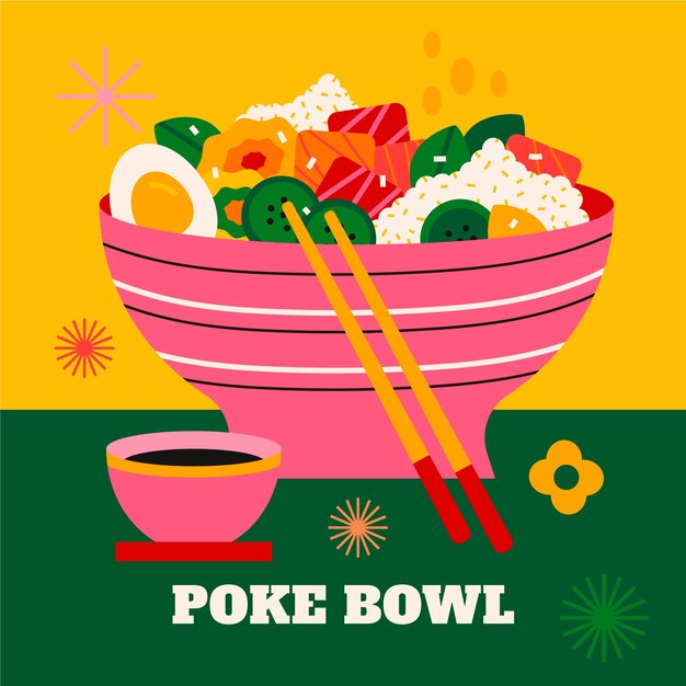 Dibujado a mano diseño plano poke bowl comida ilustración