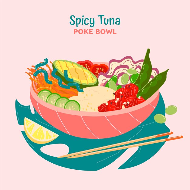Dibujado a mano diseño plano poke bowl comida ilustración