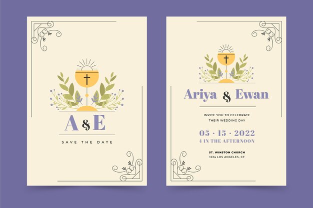 Dibujado a mano diseño plano religión invitaciones de boda