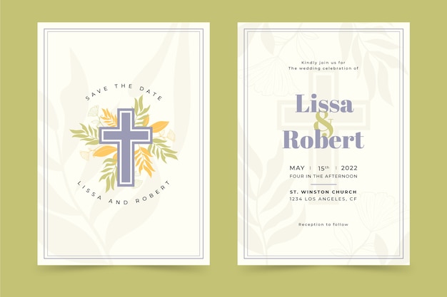 Vector gratuito dibujado a mano diseño plano religión invitaciones de boda