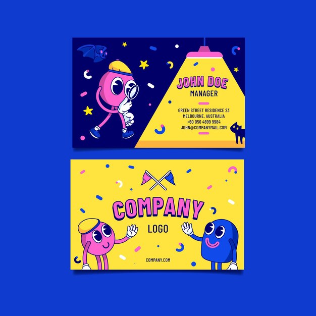 Dibujado a mano diseño plano tarjetas de visita de dibujos animados de moda