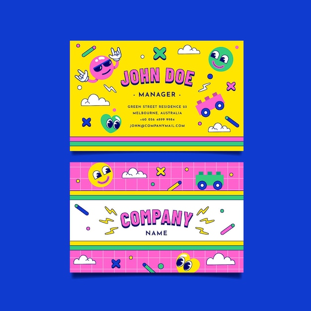 Dibujado a mano diseño plano tarjetas de visita de dibujos animados de moda