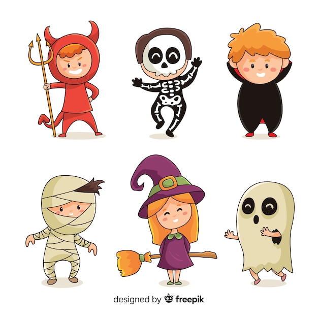 Vector gratuito dibujado a mano de disfraces de halloween para niños colección