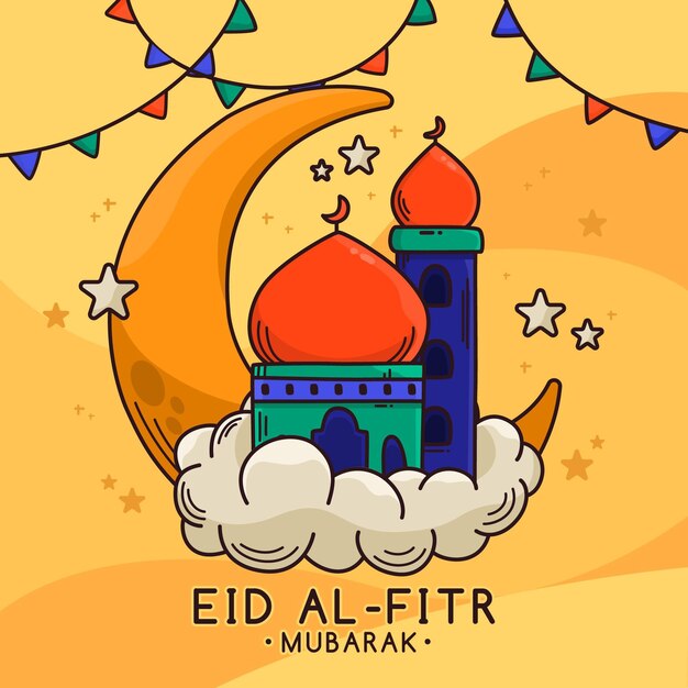 Dibujado a mano eid al-fitr - ilustración de eid mubarak