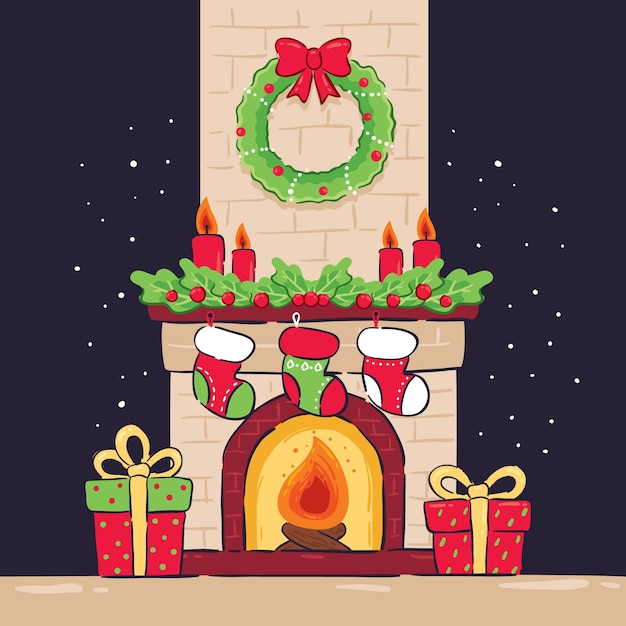 Vector gratuito dibujado a mano escena de chimenea de navidad