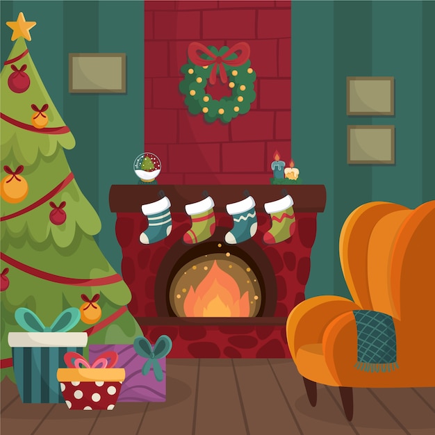 Dibujado a mano escena de chimenea de navidad