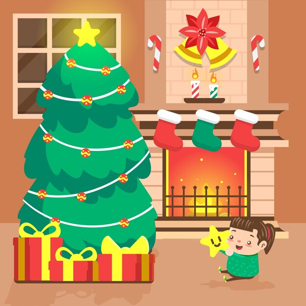 Dibujado a mano escena de chimenea de navidad