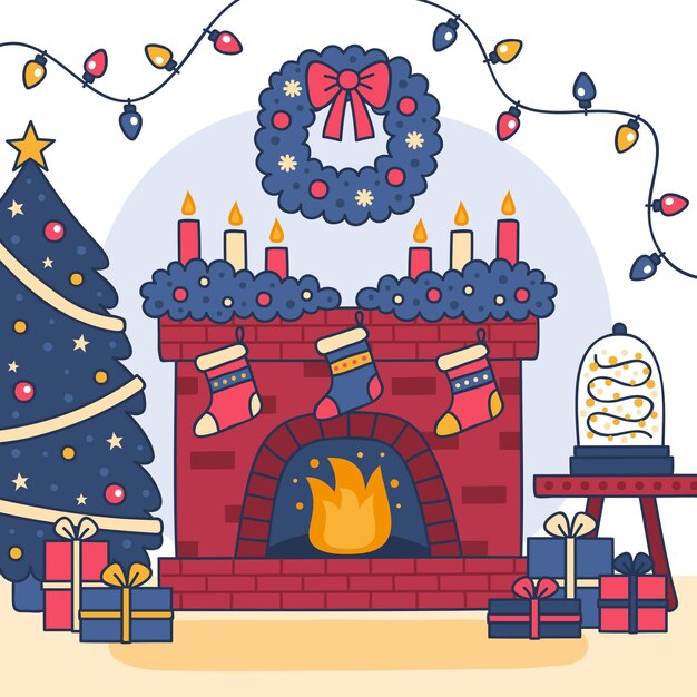 Dibujado a mano escena de chimenea de navidad