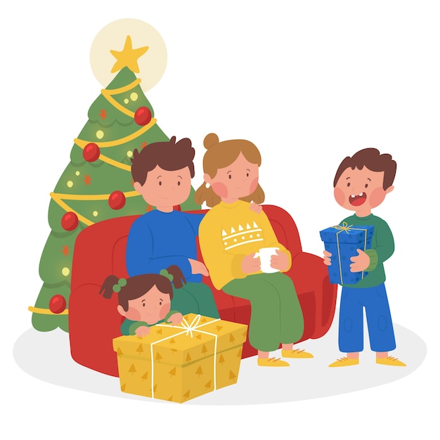 Vector gratuito dibujado a mano escena familiar con árbol de navidad