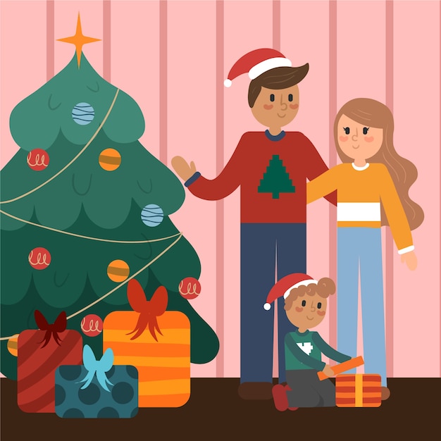 Dibujado a mano escena familiar de navidad