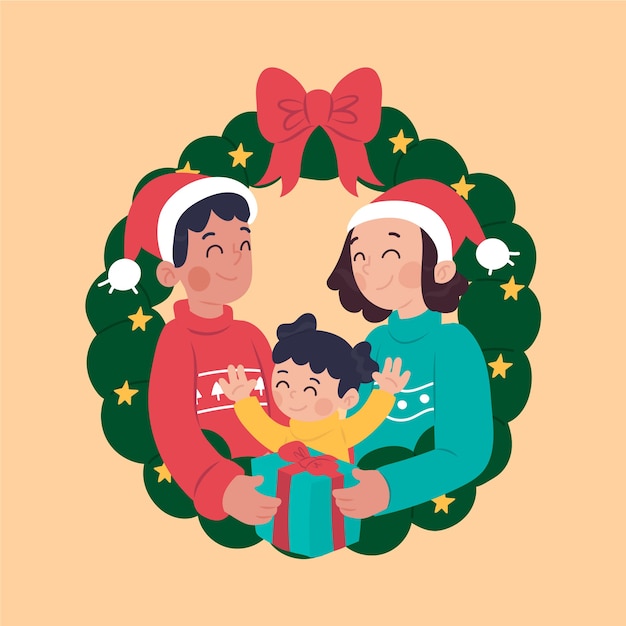 Vector gratuito dibujado a mano escena familiar de navidad