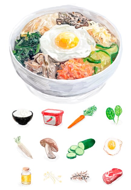 Dibujado a mano estilo acuarela bibimbap