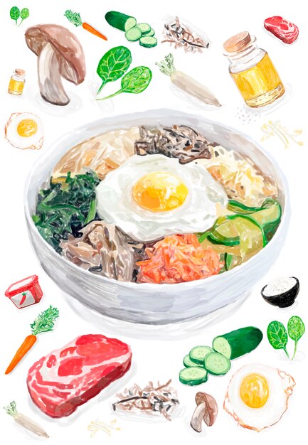 Dibujado a mano estilo acuarela bibimbap