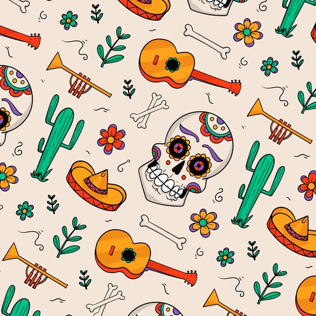 Dibujado a mano estilo día de los muertos patrón